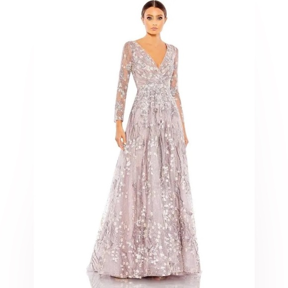 MAC DUGGAL EMBELLISHED WRAP OVER ILLUSION LONG SLEEVE A LINE DRESS NWT Sz 10 - Picture 1 of 16